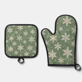 Sage Watercolor Snowflake Pattern Oven Mitt & Pot Holder Set