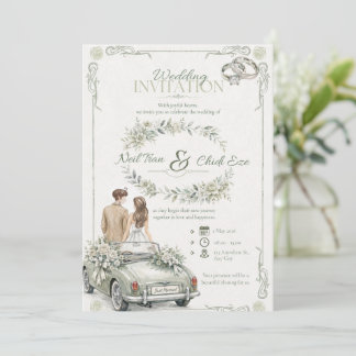 Sage Watercolor Vintage Car Wedding Invitation