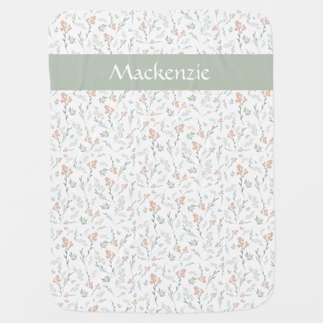 Sage Watercolor Wildflower Floral Custom Name Baby Blanket (Front)