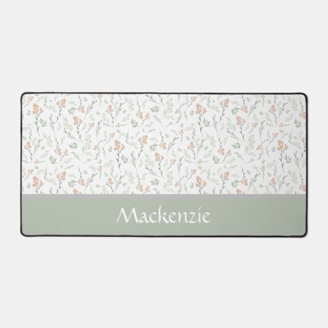 Sage Watercolor Wildflower Floral Custom Name Desk Mat (Front)