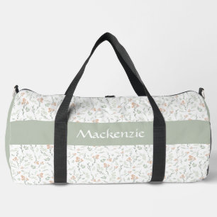 Sage Watercolor Wildflower Floral Custom Name Duffle Bag