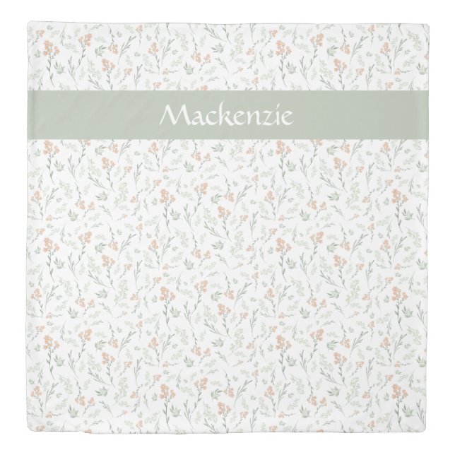 Sage Watercolor Wildflower Floral Custom Name Duvet Cover (Front)