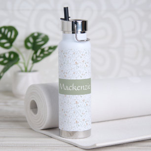 Sage Watercolor Wildflower Floral Custom Name Water Bottle