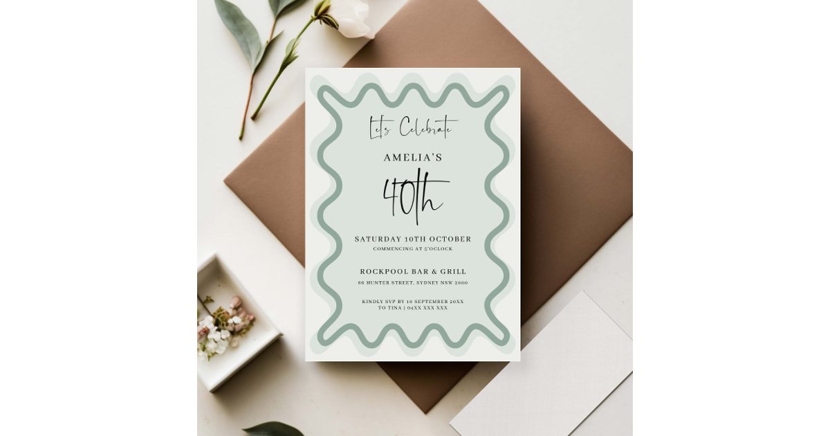 Sage Wavy Border 40th Birthday Invitation | Zazzle