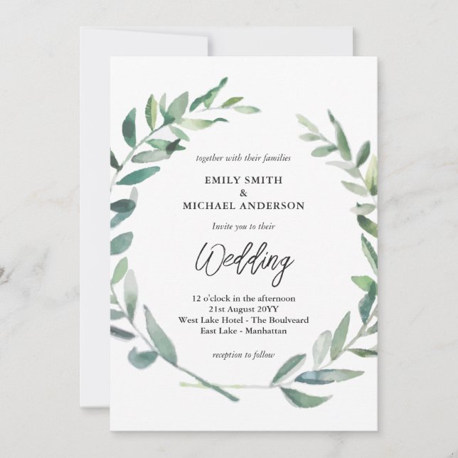 Sage Wedding Invitation Modern Olive Leaves (Front)