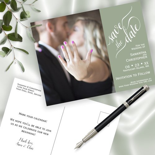 Sage Wedding Save the Date Photo  Calligraphy Announcement Postcard