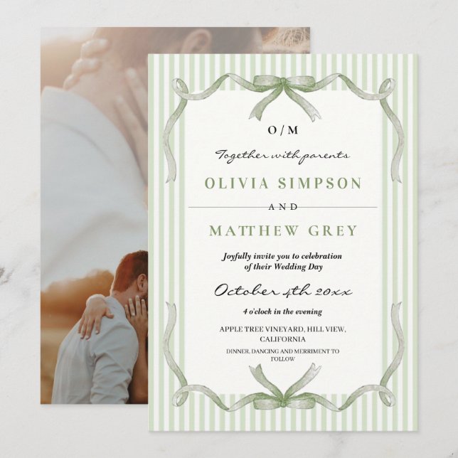 Sage Wedding Theme Bow and Stripe Invitation (Front/Back)