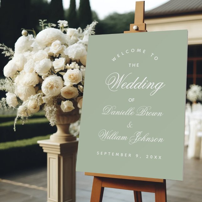 Sage Wedding Welcome Simple Green White Script Foam Board (Creator Uploaded)