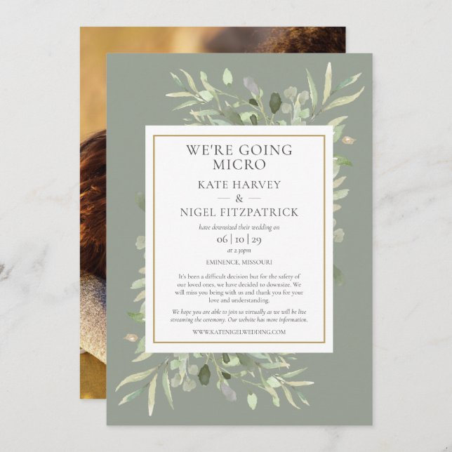 Sage Were Going Micro Downsized Photo Wedding Invitation (Front/Back)