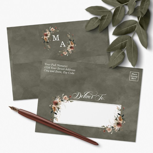 Sage Whisper Wildflower Floral Wedding Invitation Envelope (Send your invites with the timeless beauty 💌 of our Ethereal Elegance monogram floral design.)