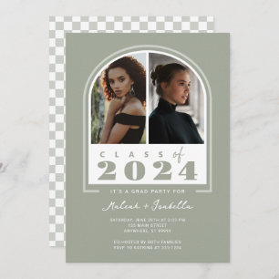Sage White Arch Retro 2024 Photo Graduation Party Invitation