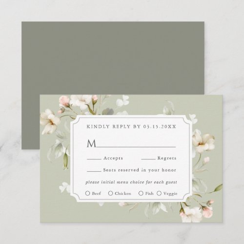 Sage White Blush Elegant Floral Wedding RSVP Card