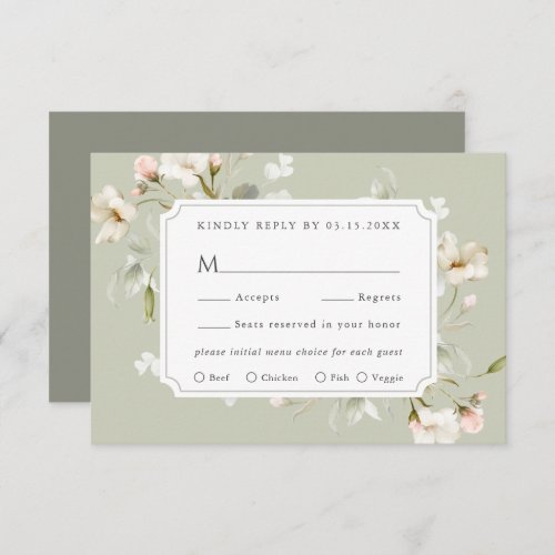 Sage White Blush Elegant Floral Wedding RSVP Card