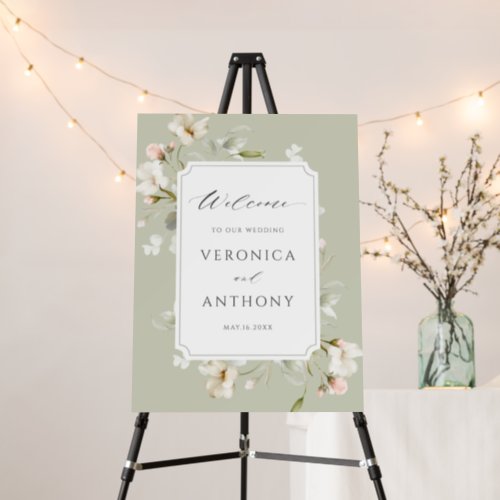 Sage White Blush Elegant Floral Wedding Welcome Foam Board