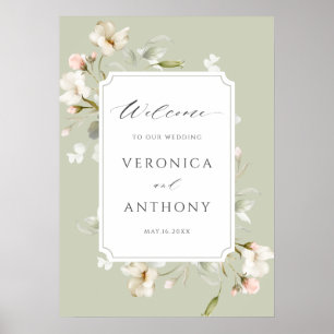 Sage White Blush Floral Wedding Welcome Sign