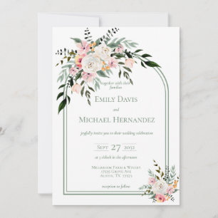 Sage White Blush Peach Floral Arch Invitation