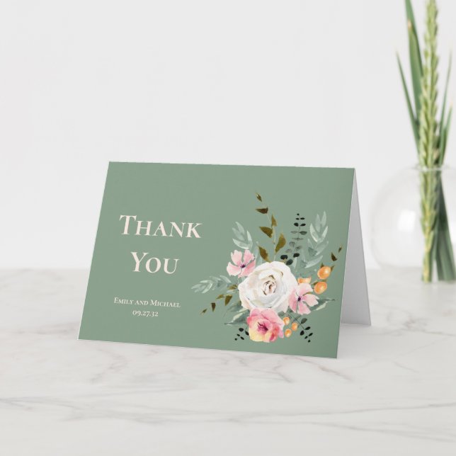 Sage White Blush Peach Floral Thank You Note (Front)