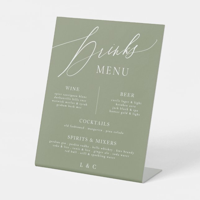 Sage White Calligraphy Wedding Bar Drink Menu Pedestal Sign (Front)