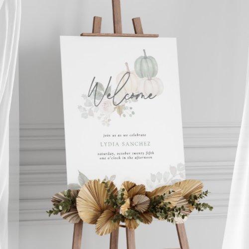 Sage  White  Floral Pumpkin Fall Welcome Sign