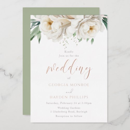 Sage  White Floral Rose Gold Wedding Foil Invitation