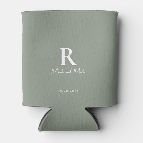 Sage  White Monogram and Couple Names Wedding Can Cooler