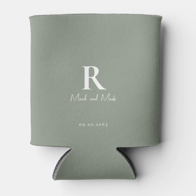 Sage & White Monogram and Couple Names Wedding Can Cooler (Front)