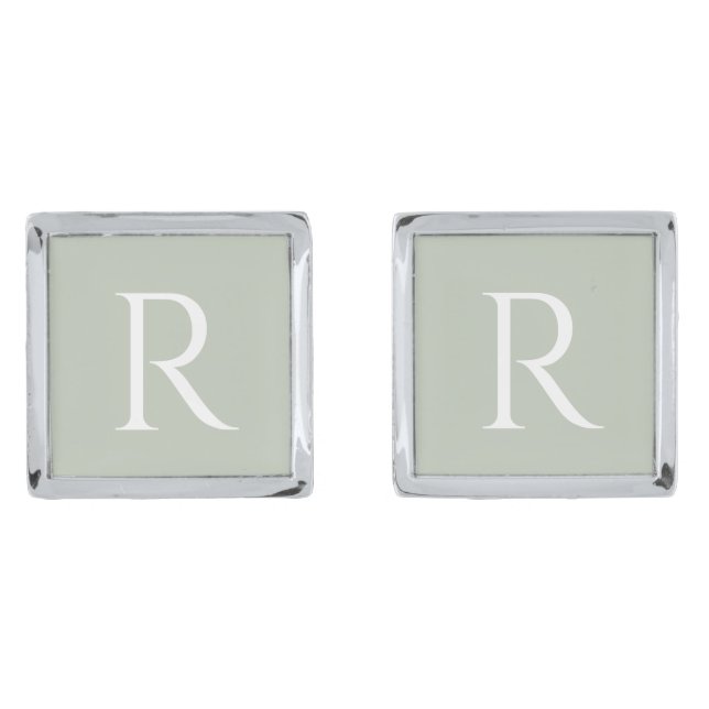 Sage White Monogram Square Wedding Groomsman Cufflinks (Front)