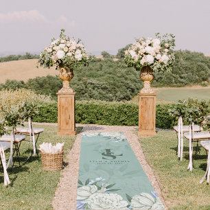 Sage & White Peonies Wedding Aisle Monogram Outdoor Rug