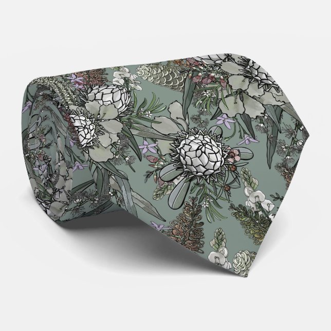 Sage Wild Bush Flower Bouquet Neck Tie (Rolled)
