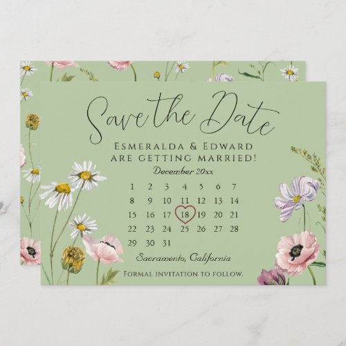 Sage Wild Flower Wedding Calendar Save The Date 