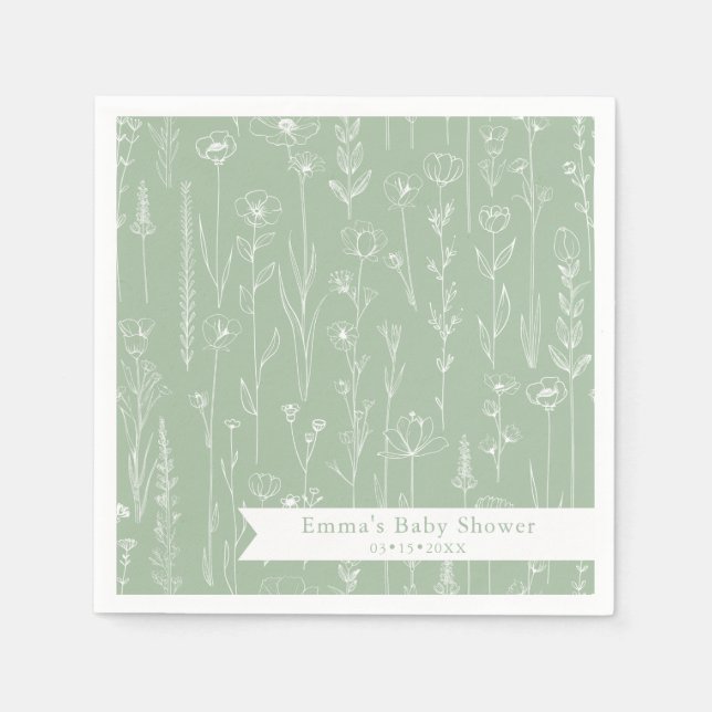 Sage Wildflower Baby Shower | Floral Pattern Napkins (Front)