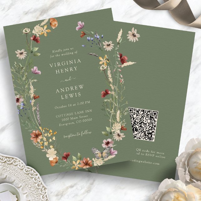 Sage Wildflower Boho QR Code Wedding Invitation (Sage Green Wildflower Boho QR Code Wedding Invitation by Painted Paperie
)