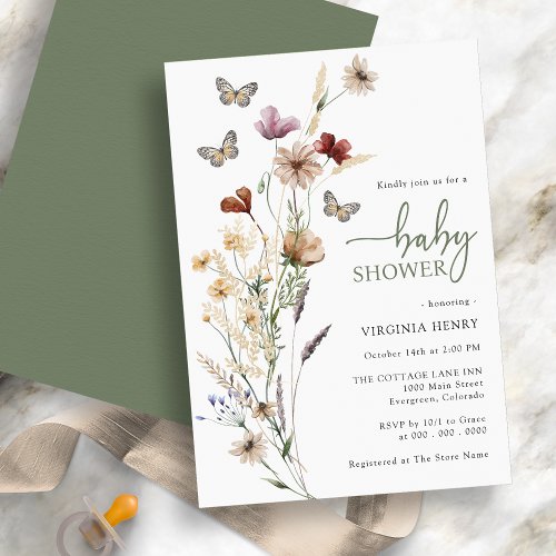 Sage Wildflower Butterfly Baby Shower Invitation