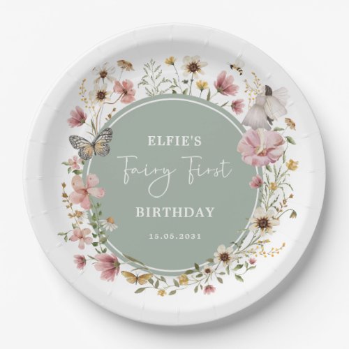 Sage Wildflower Fairy Princess Birthday Tea Party Paper Plates