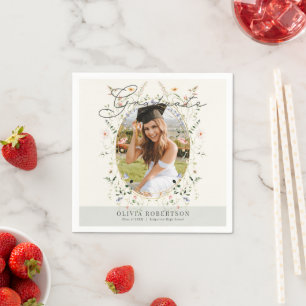 Sage Wildflower Floral Photo Graduation Napkins