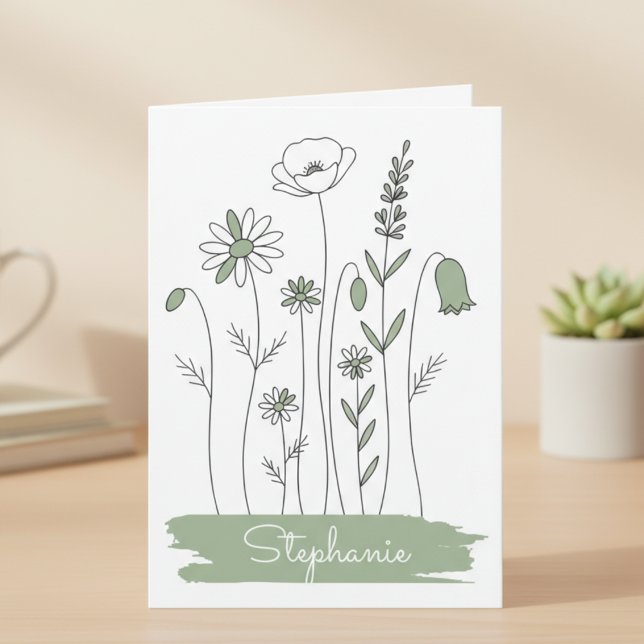 Sage Wildflower – Minimalist Gift for Her Note Card (Simple line art wildflower personalized notecard)