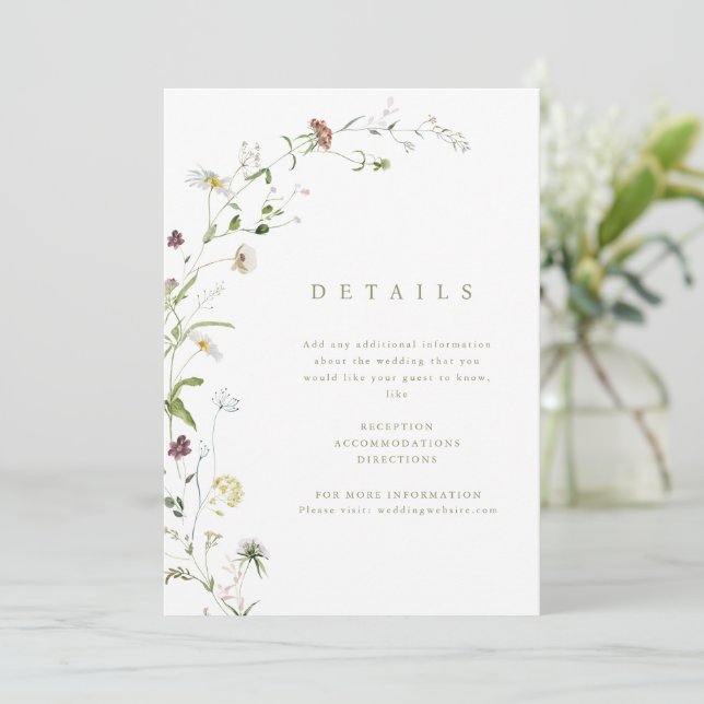 Sage Wildflower Rustic Boho Wedding Details card (Standing Front)