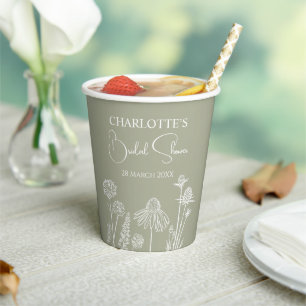Sage  Wildflowers Sketched Bridal Shower  Paper Cups