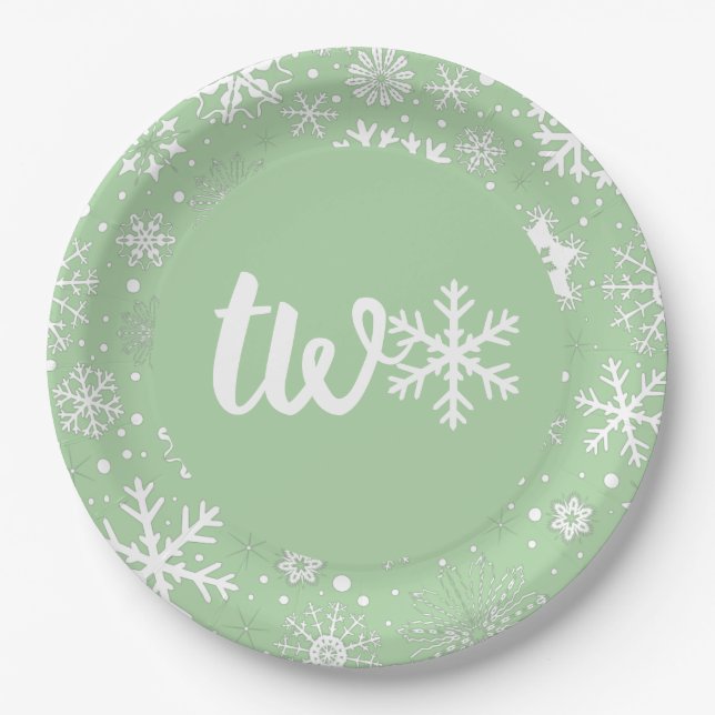 Sage Winter Second Birthday Snowflake Plates (Front)