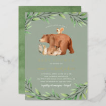 Sage Woodland Greenery Forest Animals Baby Shower Foil Invitation
