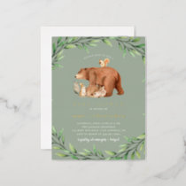 Sage Woodland Greenery Forest Animals Baby Shower Foil Invitation Postcard