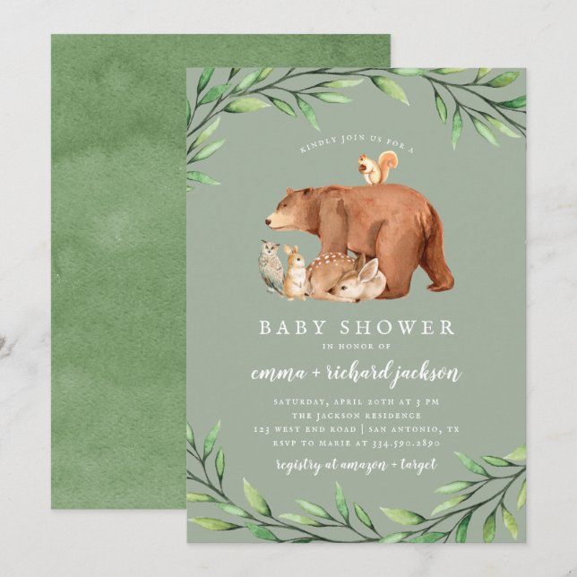 Sage Woodland Greenery Forest Animals Baby Shower Invitation (Front/Back)