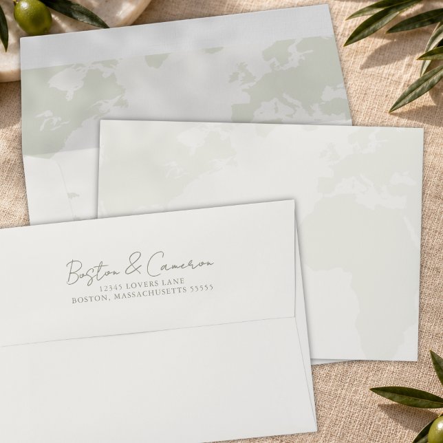 Sage World Map Destination Wedding Return Address Envelope (Sage Ivory World Map Destination Wedding Return Address Envelope with modern script and minimalist)