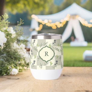 SageGreen Watercolor Chic Olive Pattern Monogram Thermal Wine Tumbler