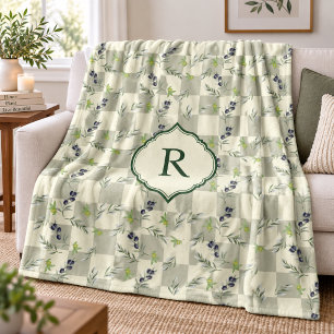 SageGreen Watercolor Olive Pattern Monogram Fleece Blanket