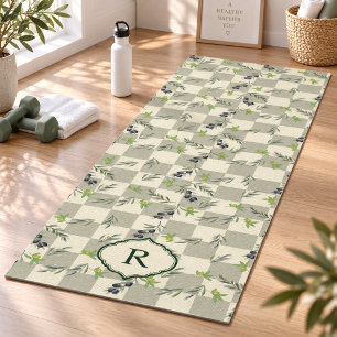 SageGreen Watercolor Olive Pattern Monogram Yoga Mat