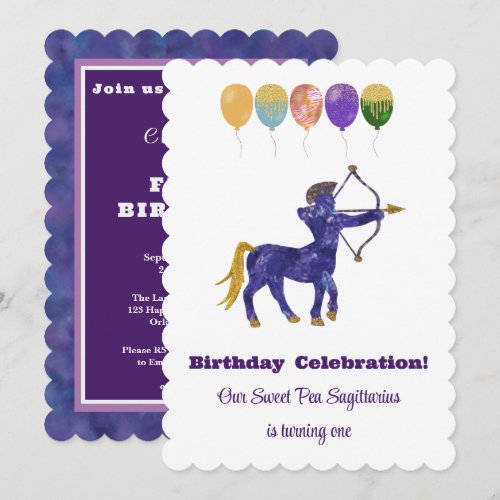 Sagittarius 1st Birthday Impressionist Gold Glitte Invitation