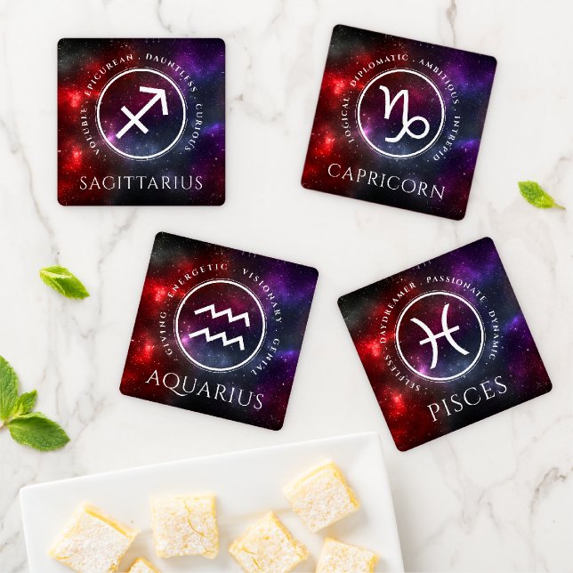 Sagittarius Capricorn Aquarius Pisces Zodiac Coaster Set (In Situ)