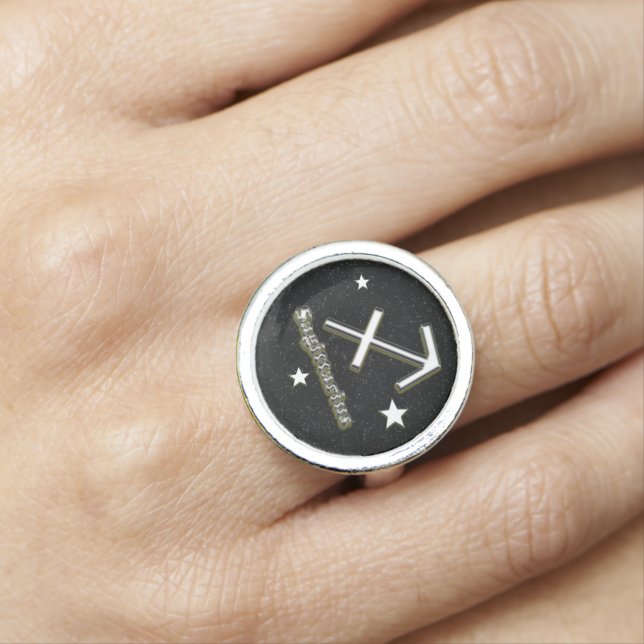 Sagittarius chrome symbol ring (In Situ)