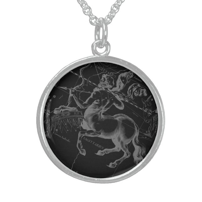 Sagittarius Constellation Classy Hevelius Engaving Sterling Silver Necklace (Front)